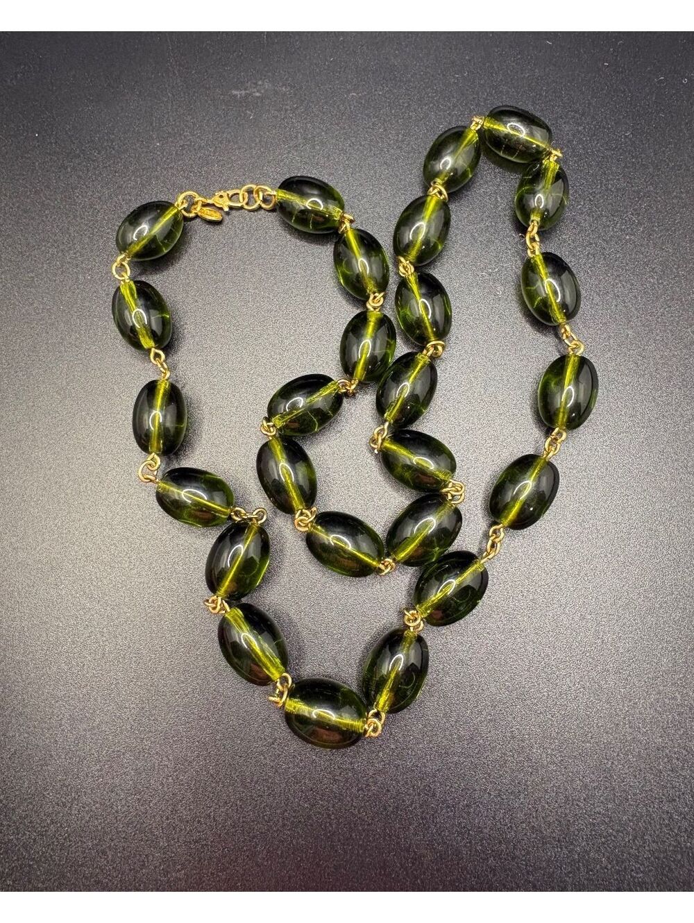 Monet Gold Tone Green Glass Beaded Necklace